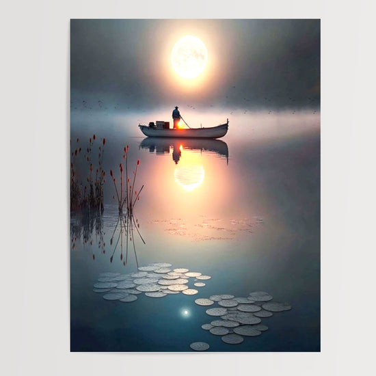 Poster Barque de pêcheur - Aube brumeuse sur un lac du Vietnam — Vierge - poster-presentation-produit