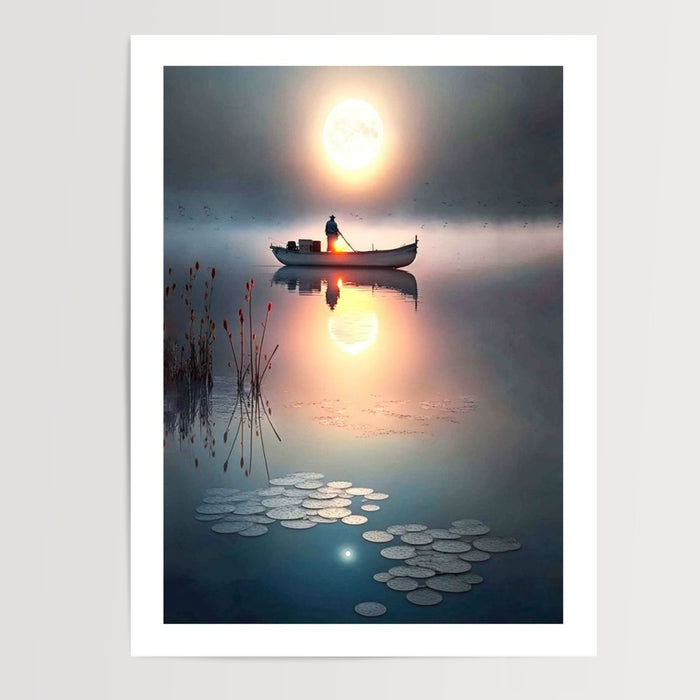 Poster Barque de pêcheur - Aube brumeuse sur un lac du Vietnam — Vierge - poster-presentation-produit — passe-partout blanc