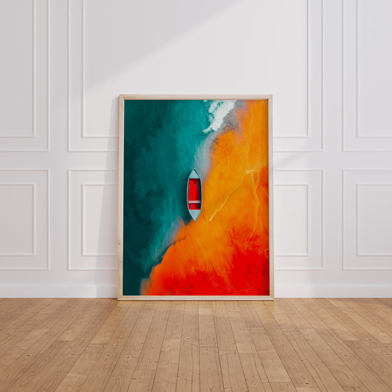 Poster Barque maritime - Calme entre deux eaux au coucher du soleil — Vierge - living-room