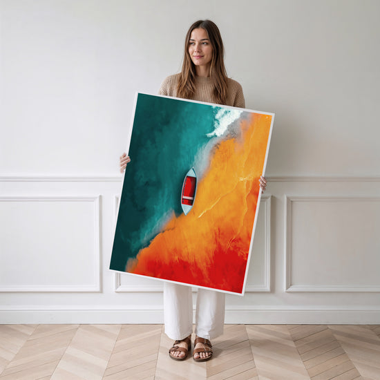Poster Barque maritime - Calme entre deux eaux au coucher du soleil — Vierge - poster-femme-debout