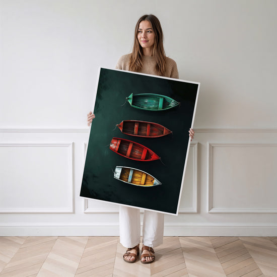 Poster Barques colorées - Douceur d'un lac au repos — Vierge - poster-femme-debout
