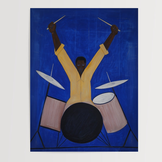 Poster Batteur - L'élan joyeux d'un musicien en pleine lumière — Vierge - poster-presentation-produit