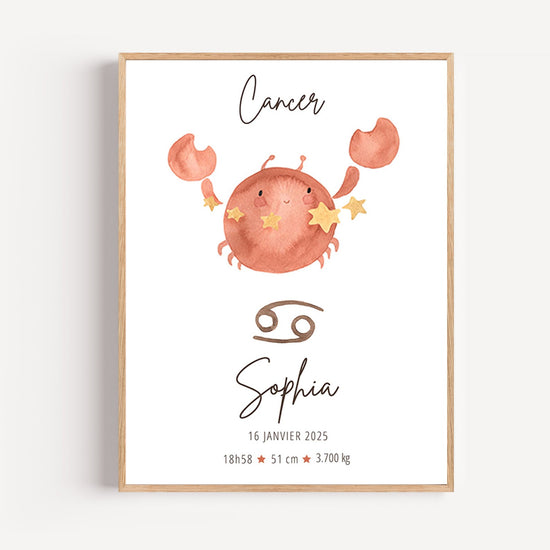 Personalized Cancer zodiac baby poster with name and birth date, nursery wall art