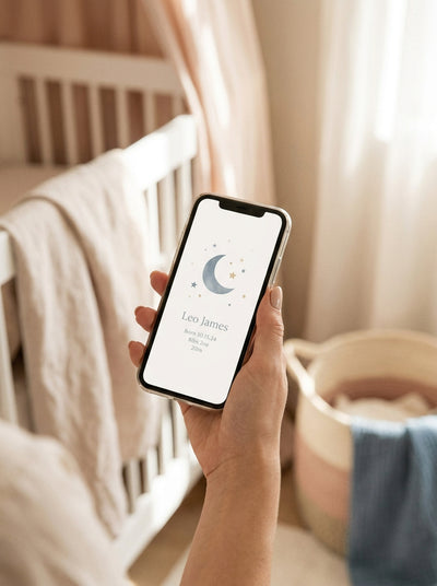 Aperçu d'un poster de naissance personnalisé sur téléphone, illustration lune et étoiles