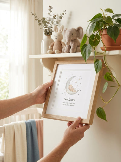 Poster de naissance personnalisé encadré (cadre bois clair) dans une chambre de bébé