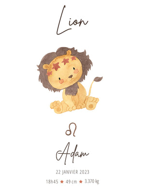 An adorable lion cub is illustrated, with stars on its forehead. The text "Leo" is written above the image, and below are the name "Adam" and his birth details: date, time, height, and weight. This image captures the symbolic sweetness and strength of the Leo sign.