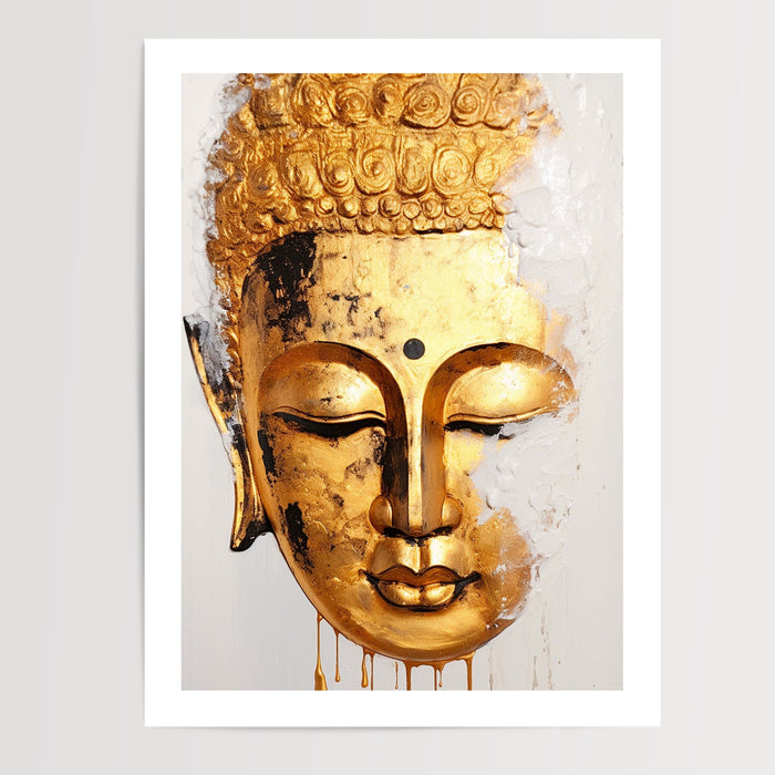 Poster Bouddha doré - Visage serein de l'éveil — Vierge - poster-presentation-produit — passe-partout blanc