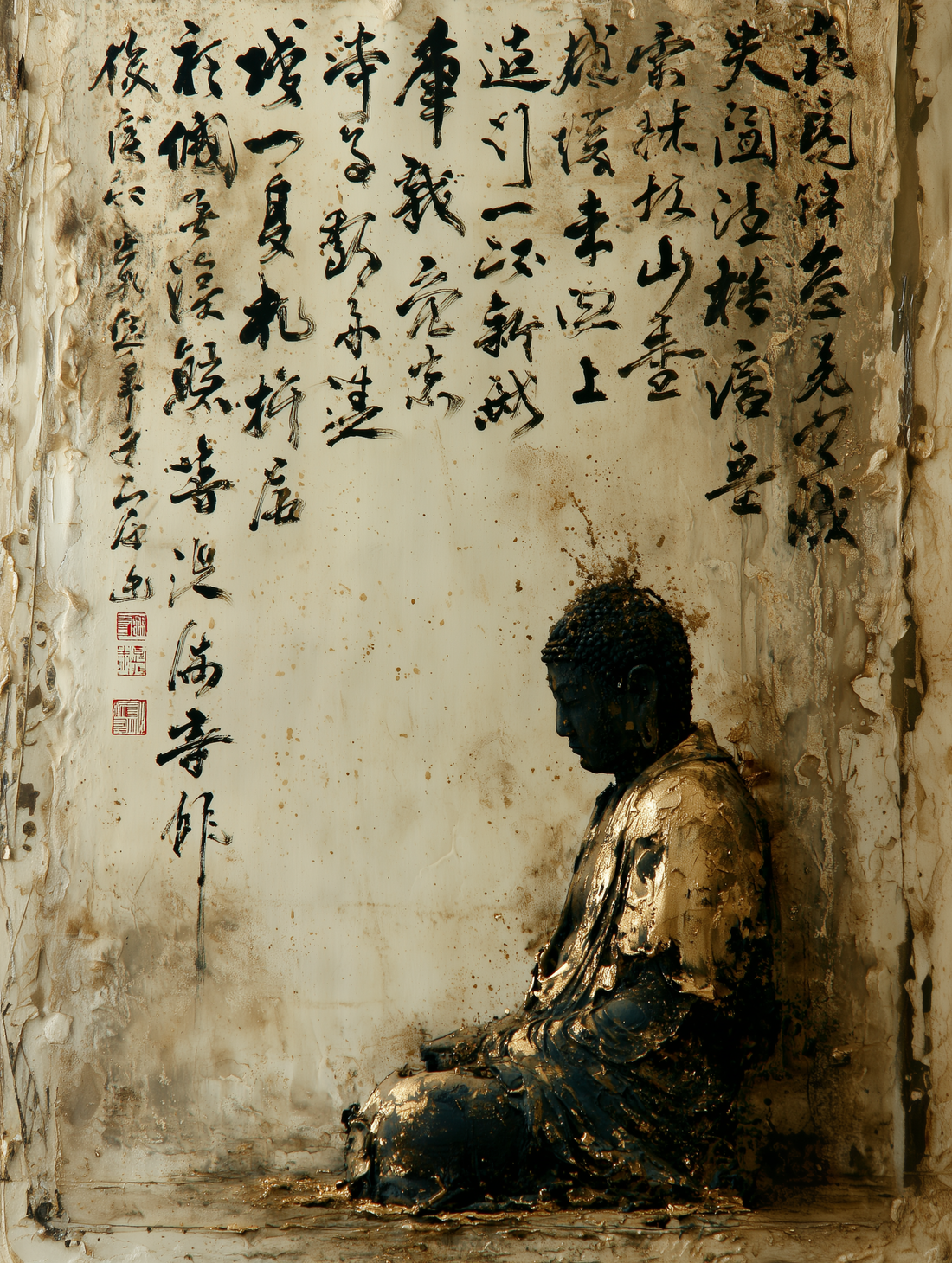 Poster Bouddha en méditation - Or ancien et calligraphies sacrées