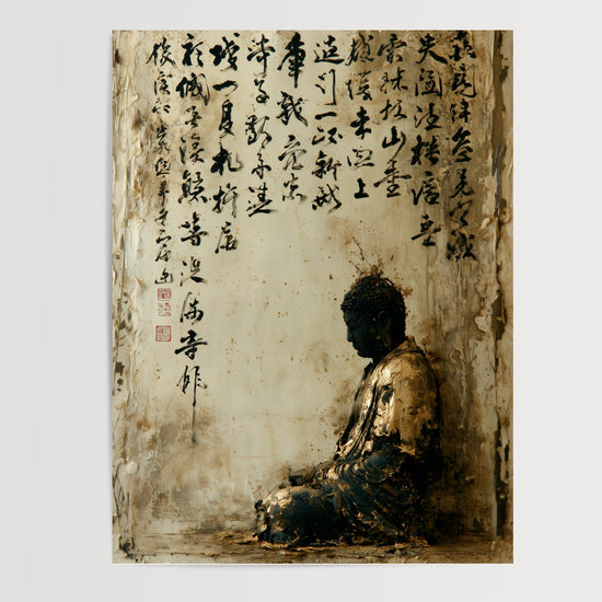 Poster Bouddha en méditation - Or ancien et calligraphies sacrées — Vierge - poster-presentation-produit