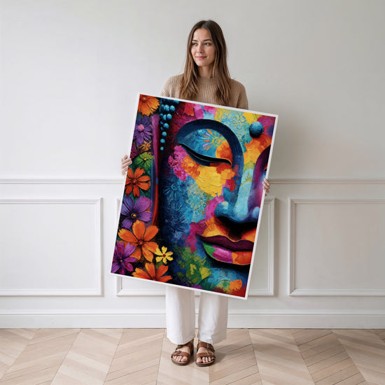Poster Bouddha fleuri - La sérénité qui éclate de couleurs — Vierge - poster-femme-debout