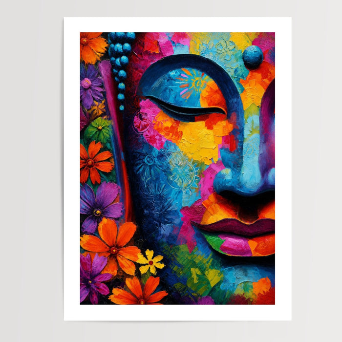 Poster Bouddha fleuri - La sérénité qui éclate de couleurs — Vierge - poster-presentation-produit — passe-partout blanc