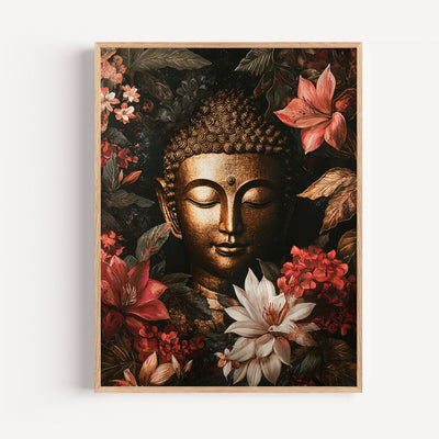 Golden Buddha floral poster with exotic flowers on dark background