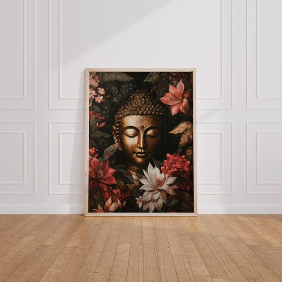 Poster Bouddha fleuri - Sérénité dorée entre fleurs exotiques — Vierge - living-room