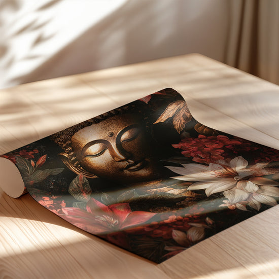 Poster Bouddha fleuri - Sérénité dorée entre fleurs exotiques — Vierge - poster-enroullé