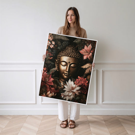 Poster Bouddha fleuri - Sérénité dorée entre fleurs exotiques — Vierge - poster-femme-debout