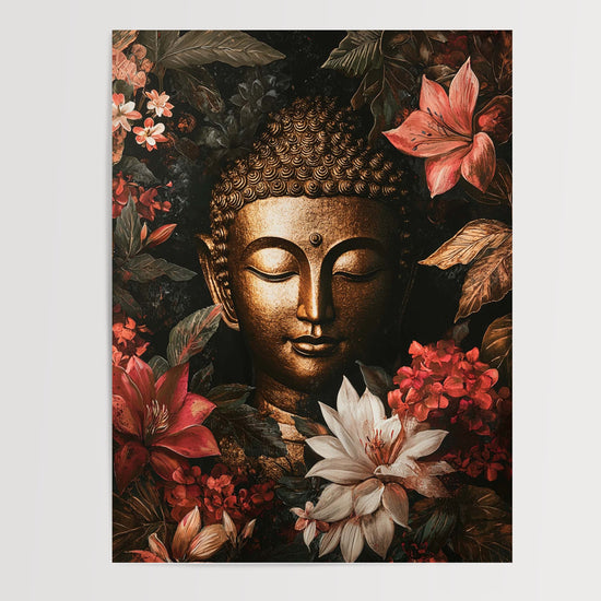 Poster Bouddha fleuri - Sérénité dorée entre fleurs exotiques — Vierge - poster-presentation-produit