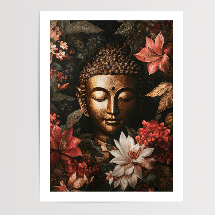 Poster Bouddha fleuri - Sérénité dorée entre fleurs exotiques — Vierge - poster-presentation-produit — passe-partout blanc
