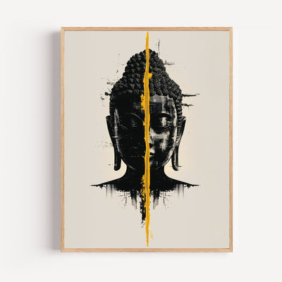 Póster de Buda en blanco y negro con trazo amarillo — El destello que atraviesa el silencio