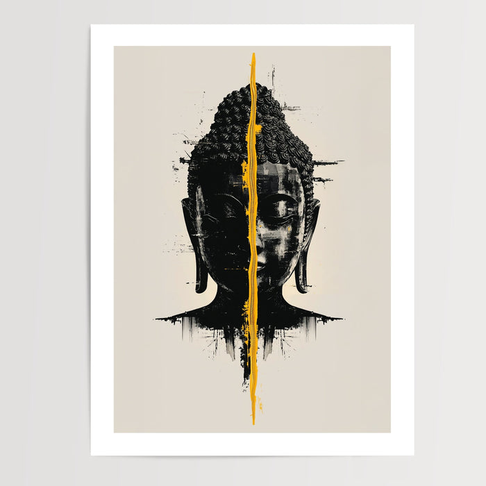 Poster Bouddha noir et jaune - L'éclat qui traverse le silence — Vierge - poster-presentation-produit — passe-partout blanc