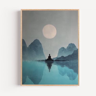 Buddha Poster – Meditierende Silhouette im Mondlicht der Berge