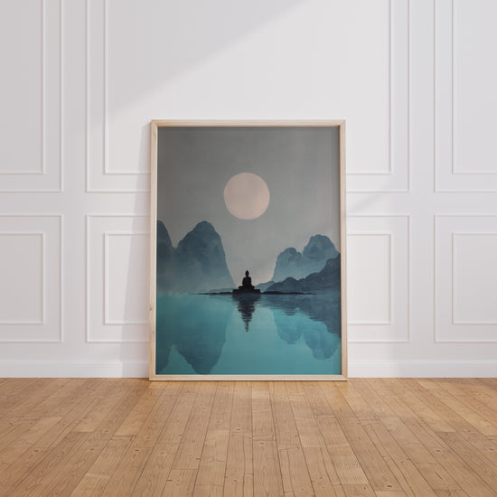 Poster Bouddha - Silhouette apaisée sous la lune des montagnes — Vierge - living-room