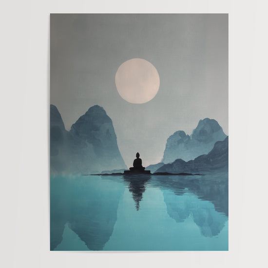 Poster Bouddha - Silhouette apaisée sous la lune des montagnes — Vierge - poster-presentation-produit