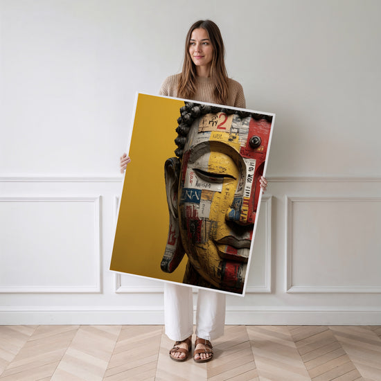 Poster Bouddha street art - Collages urbains et couleurs qui vibrent — Vierge - poster-femme-debout