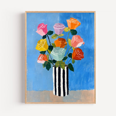 Póster Ramo de rosas - Frescura de color sobre fondo azul