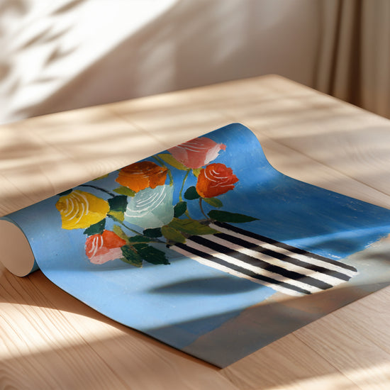 Poster Bouquet de roses - Fraîcheur colorée sur fond bleu — Vierge - poster-enroullé