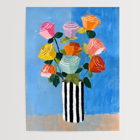 Poster Bouquet de roses - Fraîcheur colorée sur fond bleu — Vierge - poster-presentation-produit