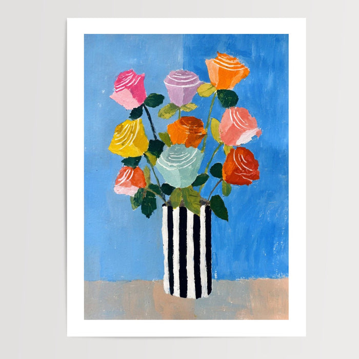 Poster Bouquet de roses - Fraîcheur colorée sur fond bleu — Vierge - poster-presentation-produit — passe-partout blanc