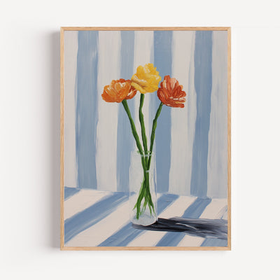 Poster Bouquet fleuri - Fleurs solaires sur rayures bleu ciel