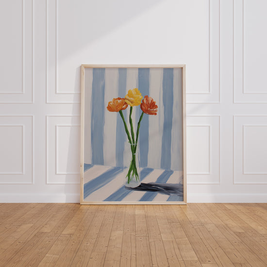 Poster Bouquet fleuri - Fleurs solaires sur rayures bleu ciel — Vierge - living-room