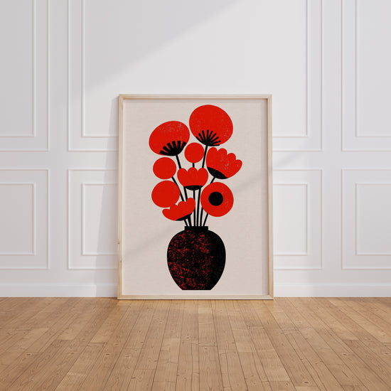 Poster Bouquet graphique - Fleurs rouges et vase noir tout en clarté — Vierge - living-room