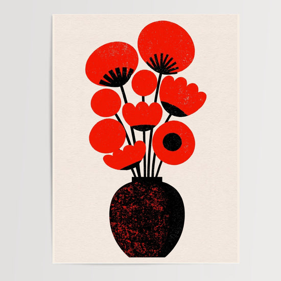Poster Bouquet graphique - Fleurs rouges et vase noir tout en clarté — Vierge - poster-presentation-produit