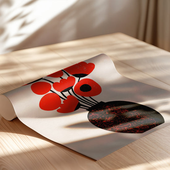 Poster Bouquet graphique - Fleurs rouges et vase noir tout en clarté — Vierge - poster-enroullé