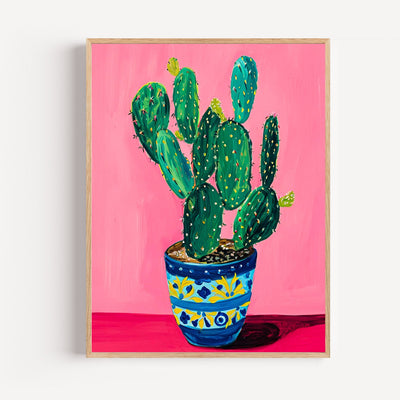 Affiche cactus in pot met Mexicaanse motieven op fuchsiaroze achtergrond