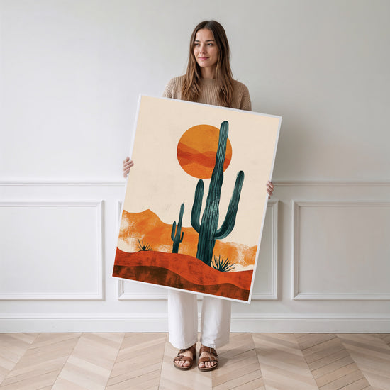 Poster Cactus saguaro - Évasion désertique au soleil couchant — Vierge - poster-femme-debout