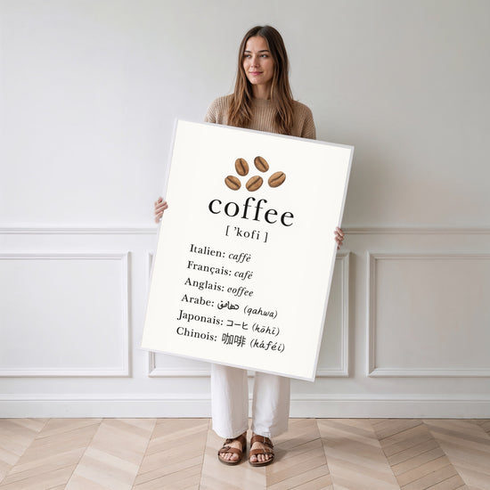 Poster Café multilingue - Le mot qui rassemble les langues — Vierge - poster-femme-debout