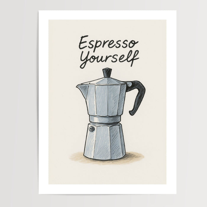 Poster Cafetière italienne - Clin d'œil café rétro et plein d'humour — Vierge - poster-presentation-produit — passe-partout blanc