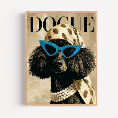 Glam Poodle Poster - Leopard Scarf and Blue Sunglasses, Funny Dog Wall Art