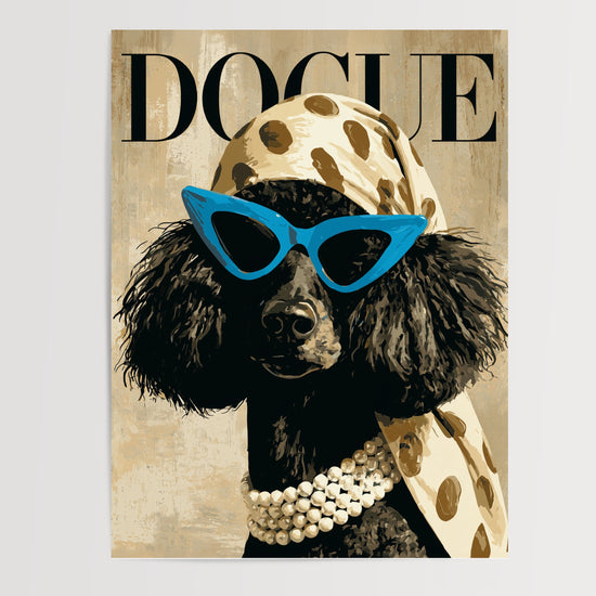 Poster Caniche glamour - Foulard léopard et lunettes bleues avec humour — Vierge - poster-presentation-produit
