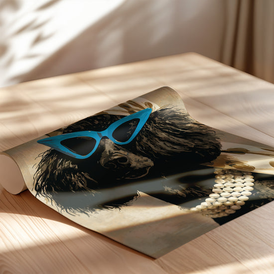 Poster Caniche glamour - Foulard léopard et lunettes bleues avec humour — Vierge - poster-enroullé