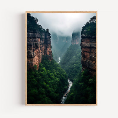 Misty Canyon Poster – Soft Fog and Mountain Serenity wall art