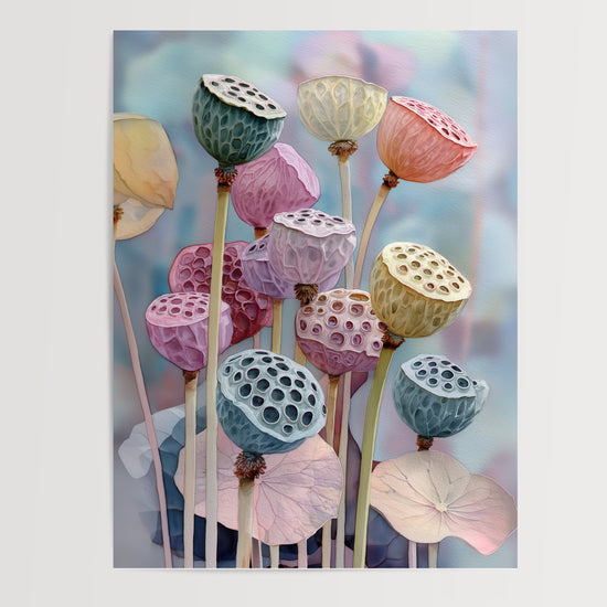 Poster Capsules de lotus - Aquarelle aux teintes douces — Vierge - poster-presentation-produit