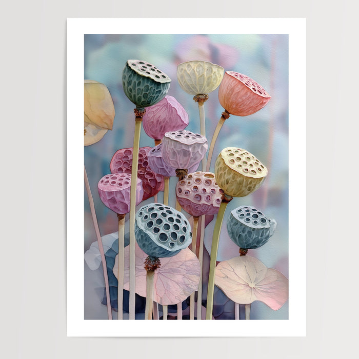 Poster Capsules de lotus - Aquarelle aux teintes douces — Vierge - poster-presentation-produit — passe-partout blanc