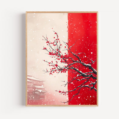 Póster Cerezo japonés en invierno - Brotes rojos y bruma japonesa