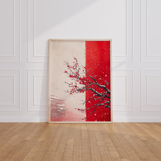Poster Cerisier en hiver - Bourgeons rouges et brume japonaise — Vierge - living-room