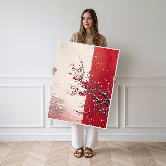 Poster Cerisier en hiver - Bourgeons rouges et brume japonaise — Vierge - poster-femme-debout
