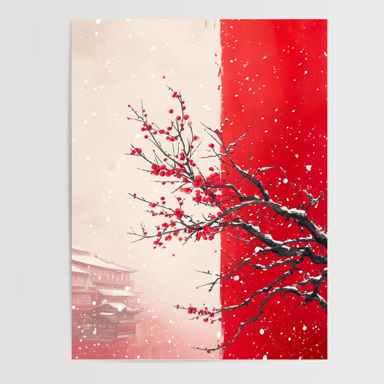 Poster Cerisier en hiver - Bourgeons rouges et brume japonaise — Vierge - poster-presentation-produit
